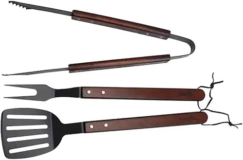 Nexgrill Juego de herramientas de 3 piezas con asas de madera, incluye espátula, palo para asar y pinzas de alta resistencia, acero antiadherente,