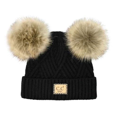 Image of C.C Kids' Babies' Soft Stretch Cable Knit Faux Fur Pom Pom Beanie Hat