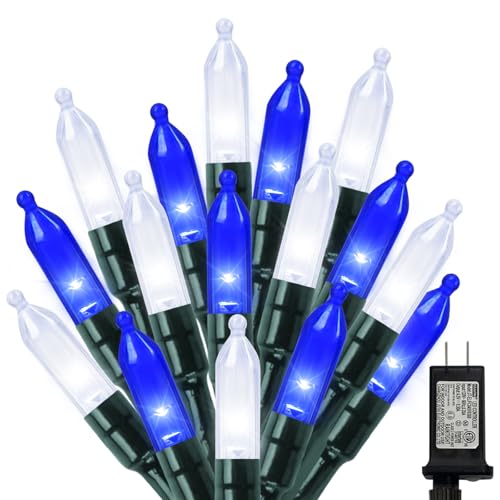 32.5FT 100 LED Blue White String light 16 Modes Plug in Blue LED Christmas MiniLights Ocean party Fairy Lights Waterproof Outdoor Christmas Lights for Xmas Tree Garland Wreath Bedroom Decor