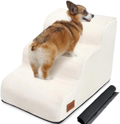 （05:30時点） 犬用ステップ 3段 ドッグステップ 犬用スロープ 犬用踏み台 犬用階段 小型犬 室内犬 高齢犬 滑り止めマット付き カバー取り外し 洗える 手持ち付き(ベージュ)