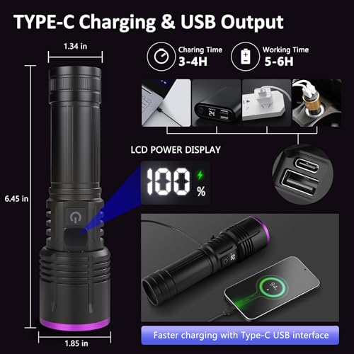 365nm UV Flashlight Rechargeable Black Light Flashlight Powerful, LCD Display Handheld UV Light for Pet Urine Detection,Resin Curing,Travel,Yooperlite,Scorpion,Blood Tracking,Rocks,Minerals,AC Leak by LUXNOVAQ - Image 4