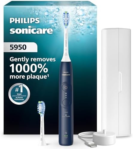 Philips Sonicare 5950 Series Electric Toothbrush, with Pressure Sensor, for Sensitive Gums, 6 Brushing Settings, SmarTimer, BrushPacer, 21-Day Runtime, Travel Case, Navy Blue, HX7133/03