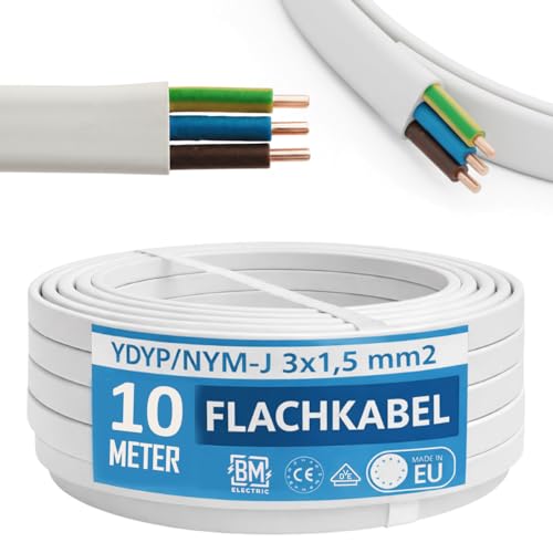 BM Electric Câble d'alimentation YDYp NYM 3 x 1,5 mm² (plat 10 × 5 mm) - Câble ruban pour flux de fenêtre - Câble d'installation électrique - 300/500 V...