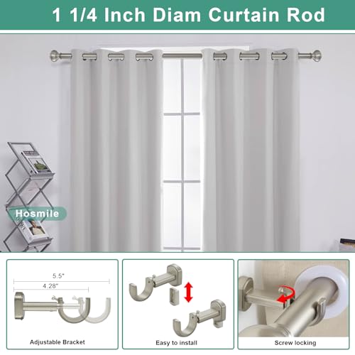 1 1/4 Inch Diameter Curtain Rod 28-48Inch(2.33-4ft), Heavy Duty Curtain Rods for Window, Telescoping Large Drapery Rod with Adjustable Modern Brackets, Brushed Nickel by Hosmile - Used condition - Image 3