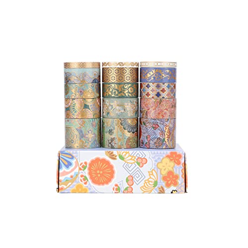 LGEGE 15 Rollen Künstlerisches Washi Tape Set, 30/20/15/5 mm breit, buntes Blumenmuster Gold Foli Druck, japanisches Abdeckband Dekor für Scrapbook, Bullet Journal, Geschenkverpackungen (2 m) Cover