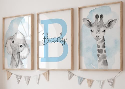 Personalized Safari Animals for Baby Boy Girl Nursery Bedroom, Unframed Set of 3 Poster Prints, Personalized Name Gray Blue Green Yellow Watercolour Splash Wall Art Decor, Gift Present, Elephant Giraffe Lion (12x16)