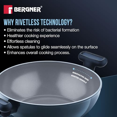 Image of BERGNER Jade 24cm (2.5L) Kadai with Glass Lid, Ceramic Non-Stick Coating, Sturdy Soft Touch Handles, PFOA /PFAS /PTFE Free, Healthy Cooking, Forged Aluminium - Induction and Gas Stove Ready