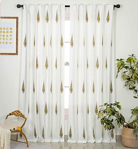 Image of Tranquebar Curtain Co. Cotton Curtains 9 Feet Long Set of 2, 60-65% Room Darkening, Yellow Ethnic Curtains Bird Print, 9 Feet Curtains Set of 2, BackTabs, Tori (274 cm) - Set of 2