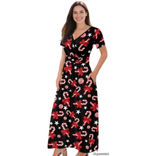 Image of Women's Fall Summer Short Sleeve Ankle Length V-Neck Party Dress with Pockets Size S-3XL