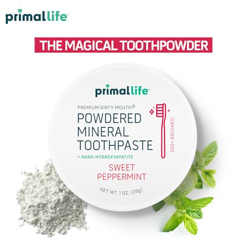 Image of Primal Life Organics - Dirty Mouth Toothpowder, Tooth Cleaning Powder, Flavored Essential Oils with Natural Kaolin & Bentonite Clay, Good for 200+ Brushings, Organic, Vegan (Sweet Peppermint, 1 oz)