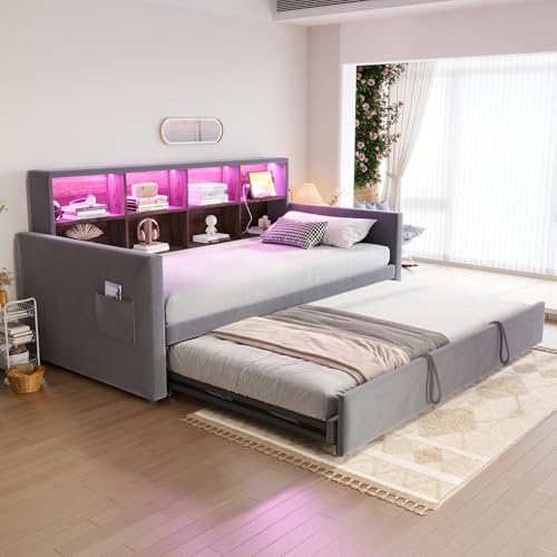 Merax Cama acolchada Convertible 90 x 190 cm, sofá cama con cama nido extensible, cabecero con almacenamiento, LED y enchufes USB tipo C, de terciopelo, somier de láminas, gris (sin colchones)