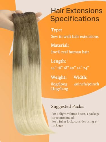 Image of DOORES Sew in Hair Extensions - Real Human Hair, Ash Brown to Platinum Blonde 14 Inch 100g, Natural Straight Style for Women