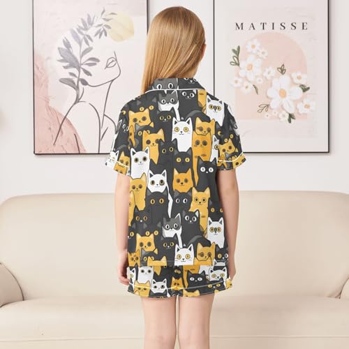 ALAZA Yellow Black White Cat Pajamas Satin Pajama Set Short Sleeve Button Down Sleepwear4