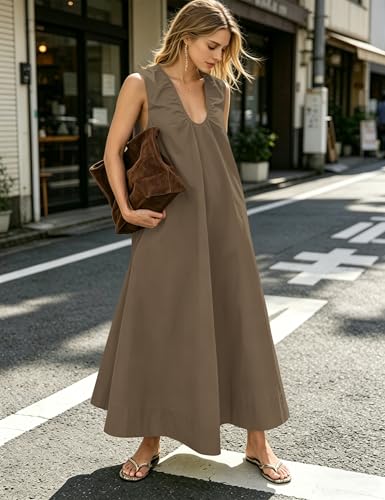 Image of Women Flowy Maxi Dress Ruched Sleeveless Long Dress Vacation Fashion Summer Casual Loose Fit Sundress with Pockets