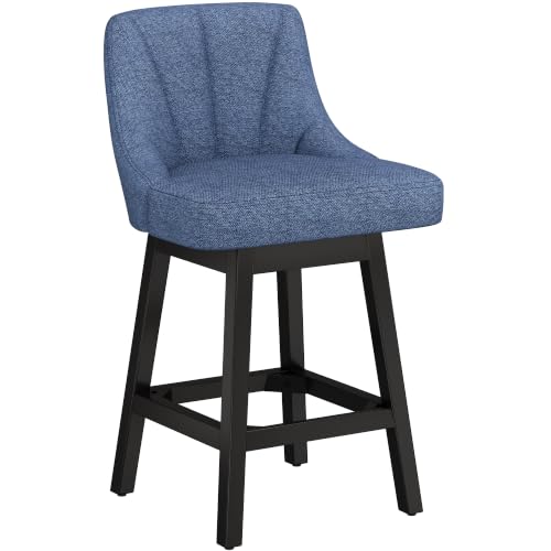 Image of YaFiti 26 inch Fabric Swivel Bar Stool 1 pcs with Back & Wood Leg, Navy Blue | Linen Fabric, Extra Upholstered Seat, Counter Stool, Square Solid Wood Legs, with Backrest & Footrest, for Kitchen Island Bar