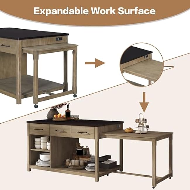 Extendable Kitchen Island with Storage, Multi-Functional Kitchen Cart with Built-in Power Outlets, Retro Kitchen Island on Wheels with Drawers-ygeqWuUr