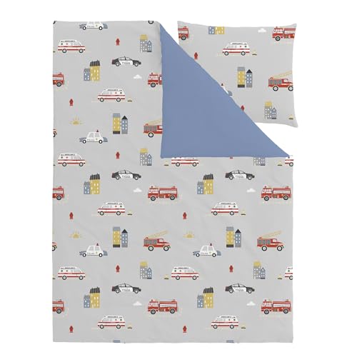 FEKOHIPY Bettwäsche 135x200 Kinder Feuerwehrfahrzeug Grau Kinderzimmer