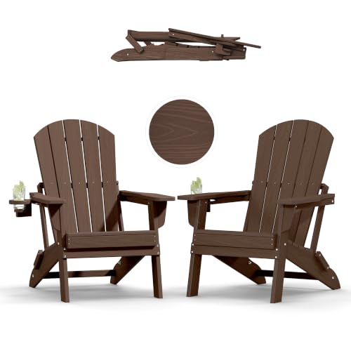 Image of Plawdlik Folding Adirondack Chair Set of 2, Cup Holder,Wooden Textured ,Heavy All-Weather HDPE Comfortable Set Poolside Backyard Lawn Coffee