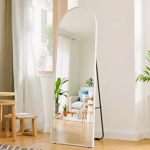 CUCZUUS Bodenspiegel in voller Länge, 143 x 46 cm, mit Ständer, gehärtetes Glas, großer Spiegel, Aluminiumrahmen, Wandmontage, hängend/stehend, Langer Spiegel, Schlafzimmer (weißer Bogen)