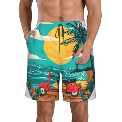 Sunset Beach Palm Tree Print Men's Swim Trunks | Quick Dry Drawstring Beach Shorts