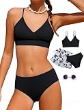 Girls Swimsuit, 3 Piece Bathing Suits V-Neck Ruffle Floral Bikini Set with Skirt Sunglasses Cute Teen Kids Swimwear 8-15T (US, Age, 10 Years, 11 Years, Black Feather)