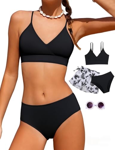 Girls Swimsuit, 3 Piece Bathing Suits V-Neck Ruffle Floral Bikini Set with Skirt Sunglasses Cute Teen Kids Swimwear 8-15T