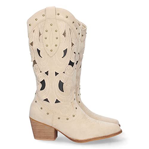 shoes&blues.es 71047-Bota de Tacon para Mujer, Comoda, con Calados y Tachuelas en la Cana, Cierre de...