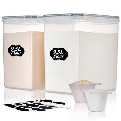 Vtopmart 9.5L 2 Pack Extra Large Flour Sugar Storage Containers for 25lbs flour, Airtight Kitchen Pantry Organization Canisters with Lids for Bulk food, Rice, Baking Supplies, BPA Free, Black