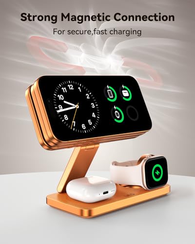 Image of UEQ Foldable 3 in 1 Wireless Charging Station for Apple Mag Safe Charger Stand,Fast Magnetic Wireless Charger Station for iPhone 17 Air 16 15 14 13 12 Series,Airpods Pro,Apple Watch Ultra (Orange)