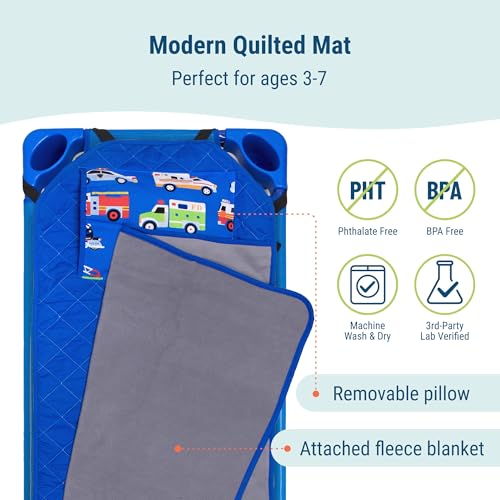 Image of Wildkin Modern Kids Nap Mat with Pillow for Boys - Cotton Blend, Elastic Straps, Toddler Sleep Mat for Daycare, Preschool, Kindergarten & Travel, Ages 3-7, Machine Washable - Heroes