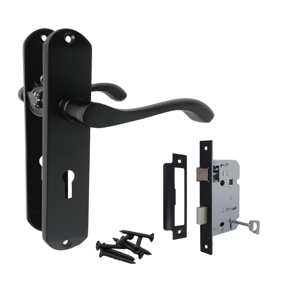 Epsom Door Handle Black Cadenza Matt Victorian Scroll Lever Lock Handle And Lock Set – Interior Door Handles On 178Mm X 40Mm Backplate For Home & Office Doors