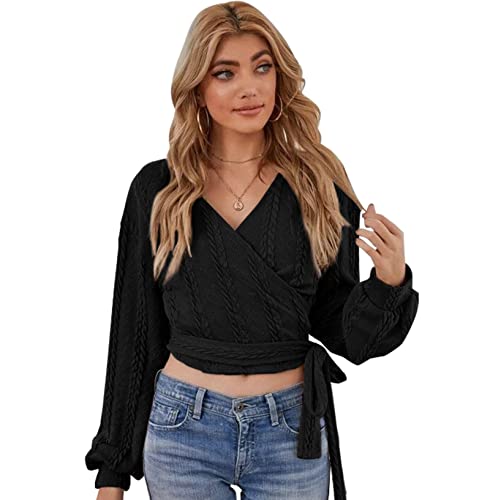Image of ZAFUL Women's V Neck Sweater Lantern Long Sleeve Pullover Cable Knit Cross Crop Top Casual Tie Wrap Tunic Jumper Blouses