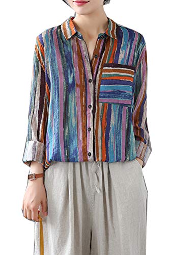 Minibee Women's Linen Casual Shirts Vertical Stripes Tops Cotton Blouse Button Down Tunic Clothing for Women