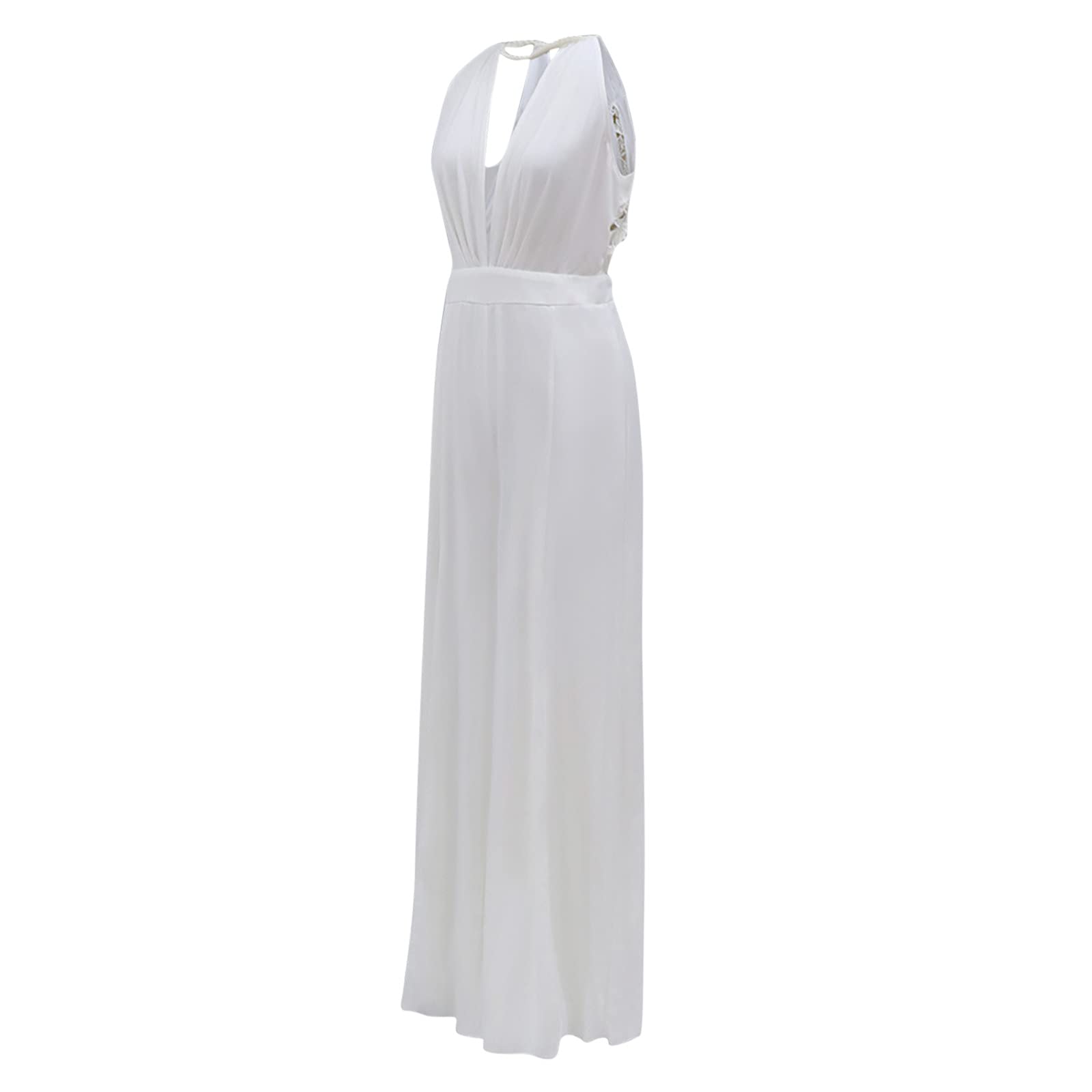 Tuta da Donna Sottile a Maniche a Halterneck Slim Open Back Sexy Scollo A V Bianche Jumpsuit Pantaloni Vestito Abito Elegante Cerimonia