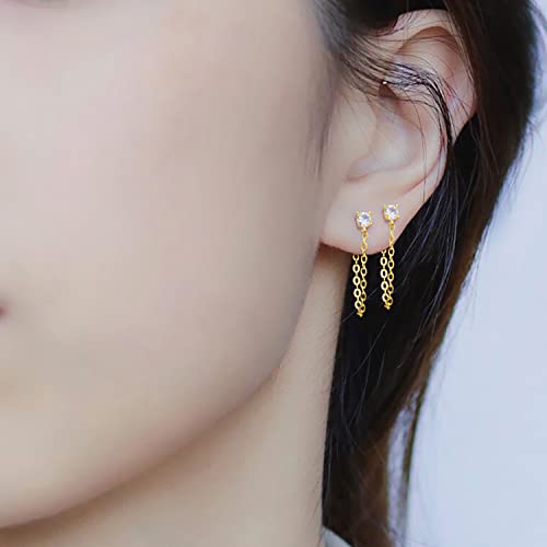 Reffeer 925 Sterling Silver CZ Chain Studs Earrings Dangle for Women Teens CZ Chain Drop Earrings Studs2