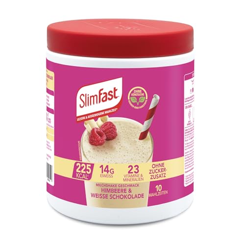 SlimFast Milchshake Pulver Himbeere + Weiße Schokolade I Eiweißreicher, kalorienarmer Diät-Shake I Diät-Pulver für eine gewichtskontrollierende Ernährung I Nur 225 Kalorien pro Protein-Shake I 365 g