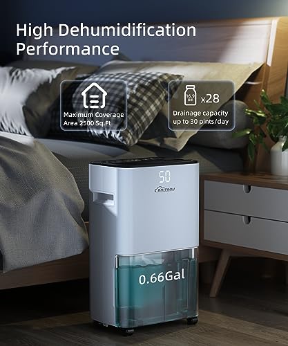 BRITSOU 34 Pint Dehumidifier for Basement with Drain Hose & 0.66 Gallon Water Tank, Manual & Auto Drainage, Smart Quiet Dehumidifiers for Home with Auto Shut off, 24HR Timer