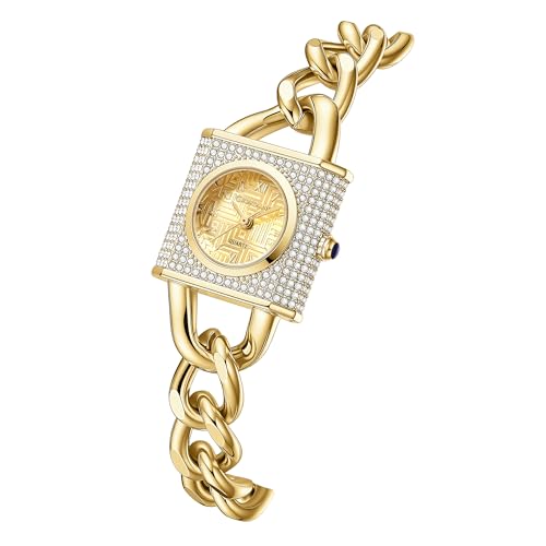 Image of Giordano Analog Quartz Watch for Women with Textured Square Dial, Crystal Studded Bezel, Blue Crown, Stainless Steel Strap - GZ-60160