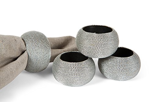 Manor Luxe Cord Wrapped Plastic Napkin Rings, Set of 4, Silver
