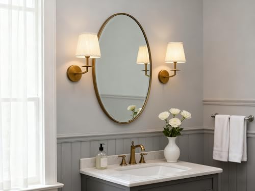 Image of Yosoan Brass Gold Retro Boho Beige-White Gauze Fabric Shade Wall Sconce Set of 2, Vintage Vanity Antique Indoor Hardwired Champagne Bronze Flared Fabric Shade for Bedroom Hallway Living Room