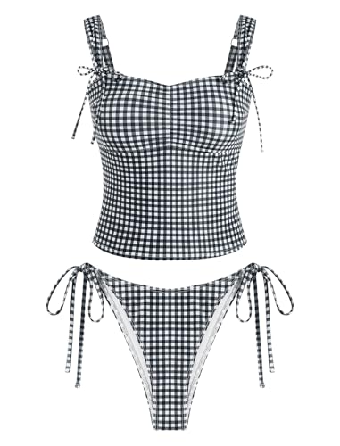ZAFUL Women's Gingham Ruched Bowknot Decor Cinched Back Tankini Set Tummy Control 2 Piece Bikini Swimsuits