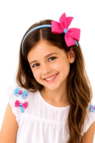 Image of BABIES BLOOM Designer Red Hair Bow, Baby Headband and Hair Accessory Set (Set of 5) (Blue Pink)