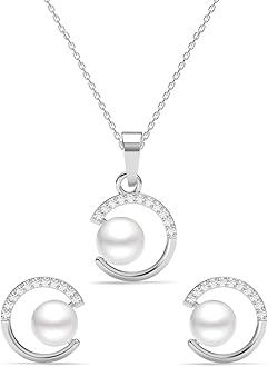 - 925 Sterling Silver Zola Real Pearl Pendant Earrings Chain Necklace Jewellery Set | Platinum Plated, Swiss Zirconia |Gift for Women and Girls