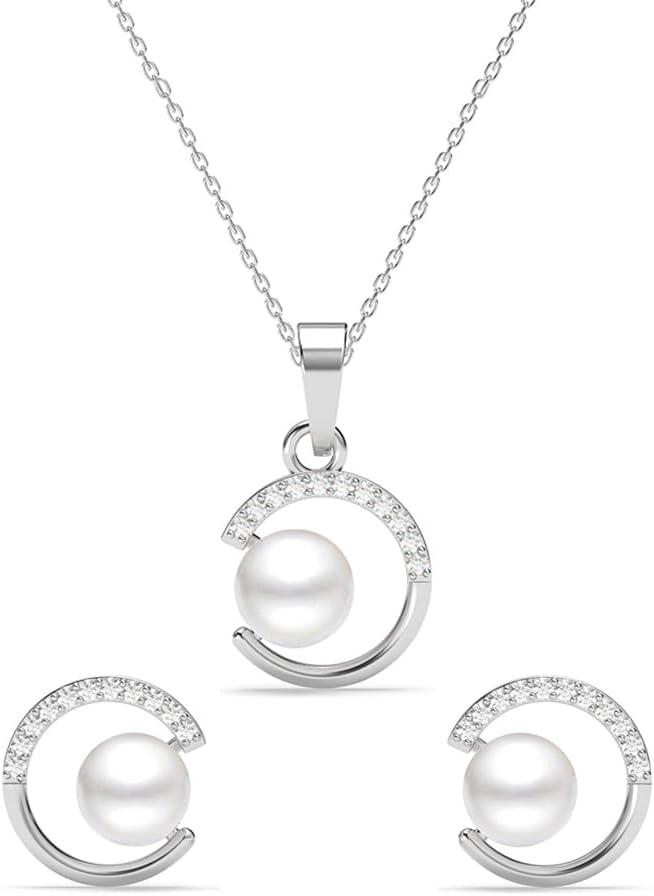 - 925 Sterling Silver Zola Real Pearl Pendant Earrings Chain Necklace Jewellery Set | Platinum Plated, Swiss Zirconia | Gift for Women and Girls