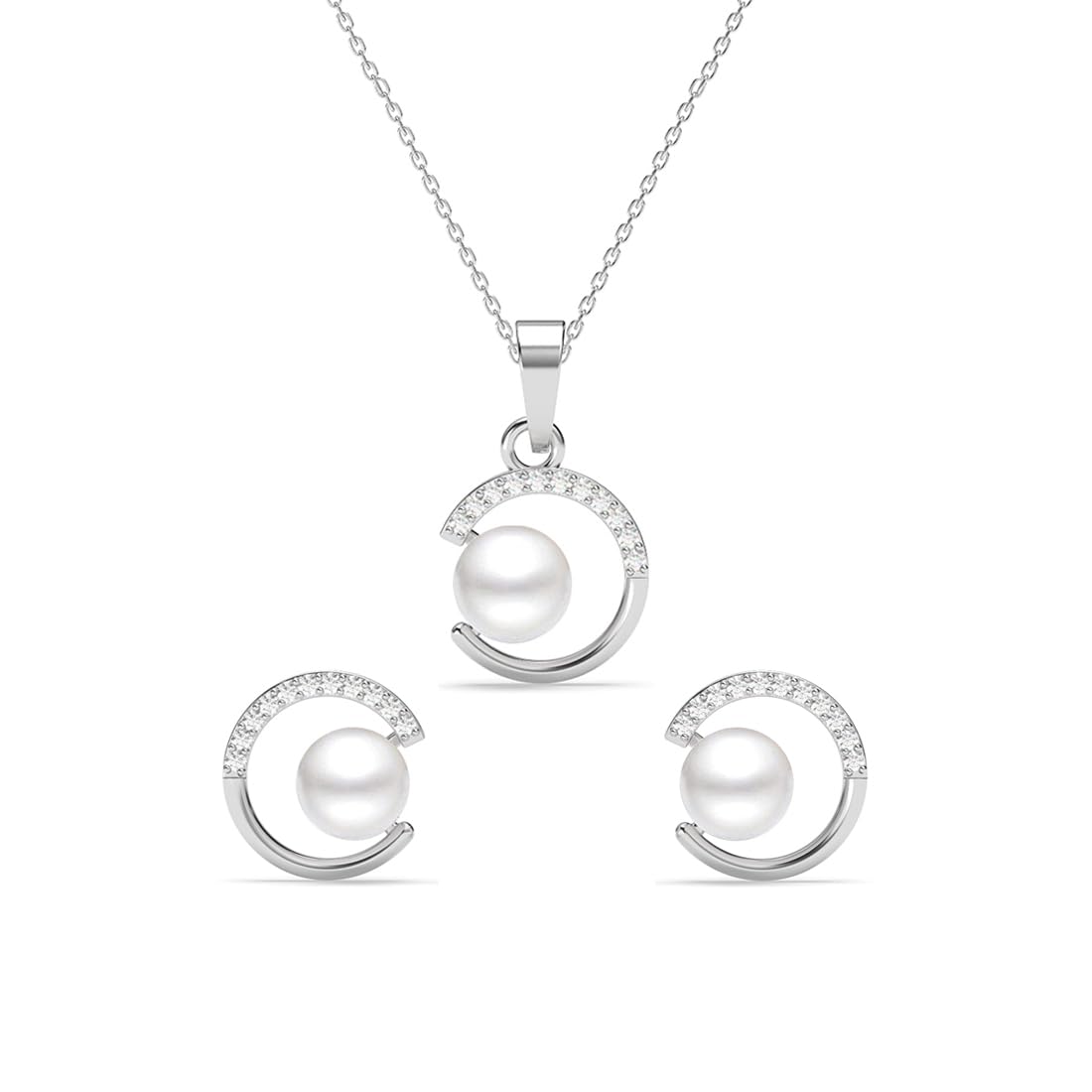 Clara925 Sterling Silver Zola Real Pearl Pendant Earrings Chain Necklace Jewellery Set | Platinum Plated, Swiss Zirconia |Gift for Women and Girls