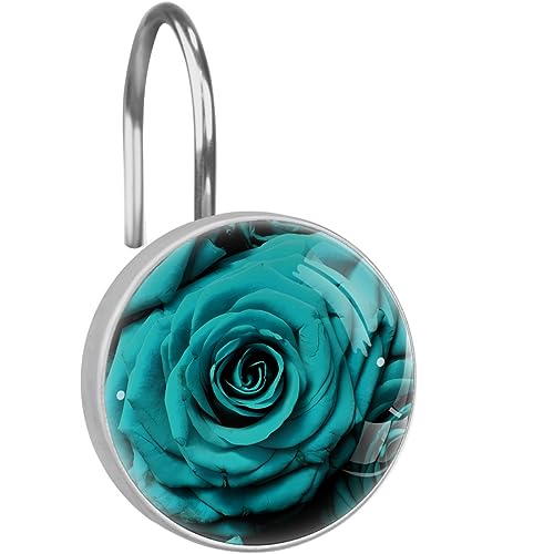 Teal Romantic Rose Floral Decorative Shower Curtain Hooks Rings Set of 12 Hooks for Shower Curtain Stainless Steel Rustproof Curtain Rings for Bathroom
