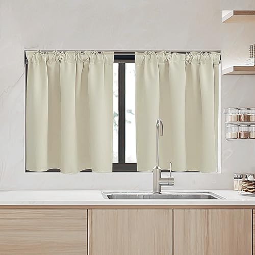 Image of RYB HOME Small Window Curtains - Blackout Insualting Privacy Curtains for Kids Bedroom Kitchen Bathroom Basement Cafe Cabinet Tiers Drapes, 34 Width x 24 Length, 2 Panels, Beige