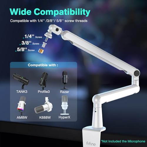 fifine boom arm mic stand low profile microphone arm stand podcast mic boom arm with desk mount cable channels management metal boom arm white for recordingstreaminggaminghome office-bm88w