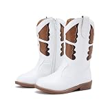 Picture of BMCiTYBM Toddler Cowgirl Boots Girls Cowboy Pointed Toe Western Boots Mid Calf Side Zipper Riding Shoes for All Seasons White Size 6 Toddler