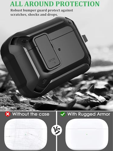 Image of Olytop for Airpods 3rd Gen Case with Lock 2021, Rugged Apple Airpods 3rd Generation Case Men Women, Armor Shockproof iPod 3rd Gen Case Protective Hard Shell with Carabiner&Cleaner kit, Black